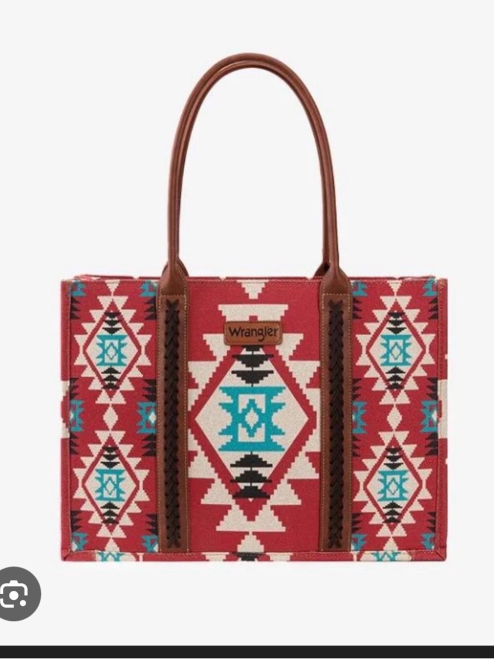 Wrangler Red Aztec Pattern Tote with Brown Leather Handles